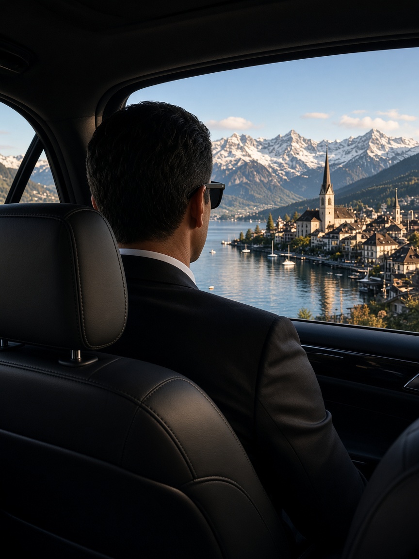Chauffeur im Premium-Fahrzeug mit Blick auf die Schweizer Alpen